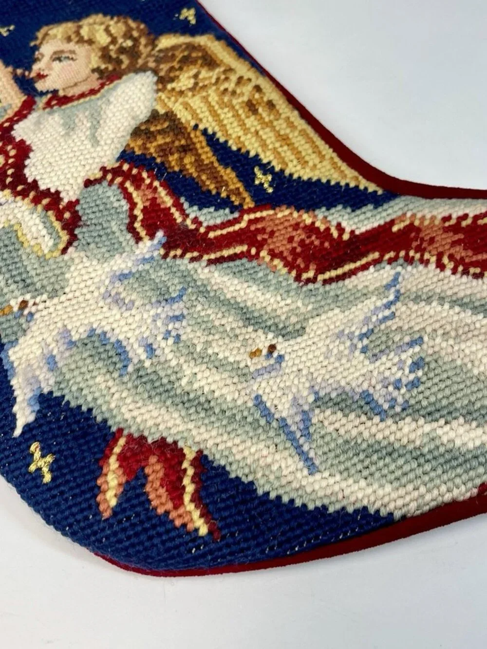 Vintage Imperial Elegance Wool Needlepoint Christmas Angel Stocking Velvet Red